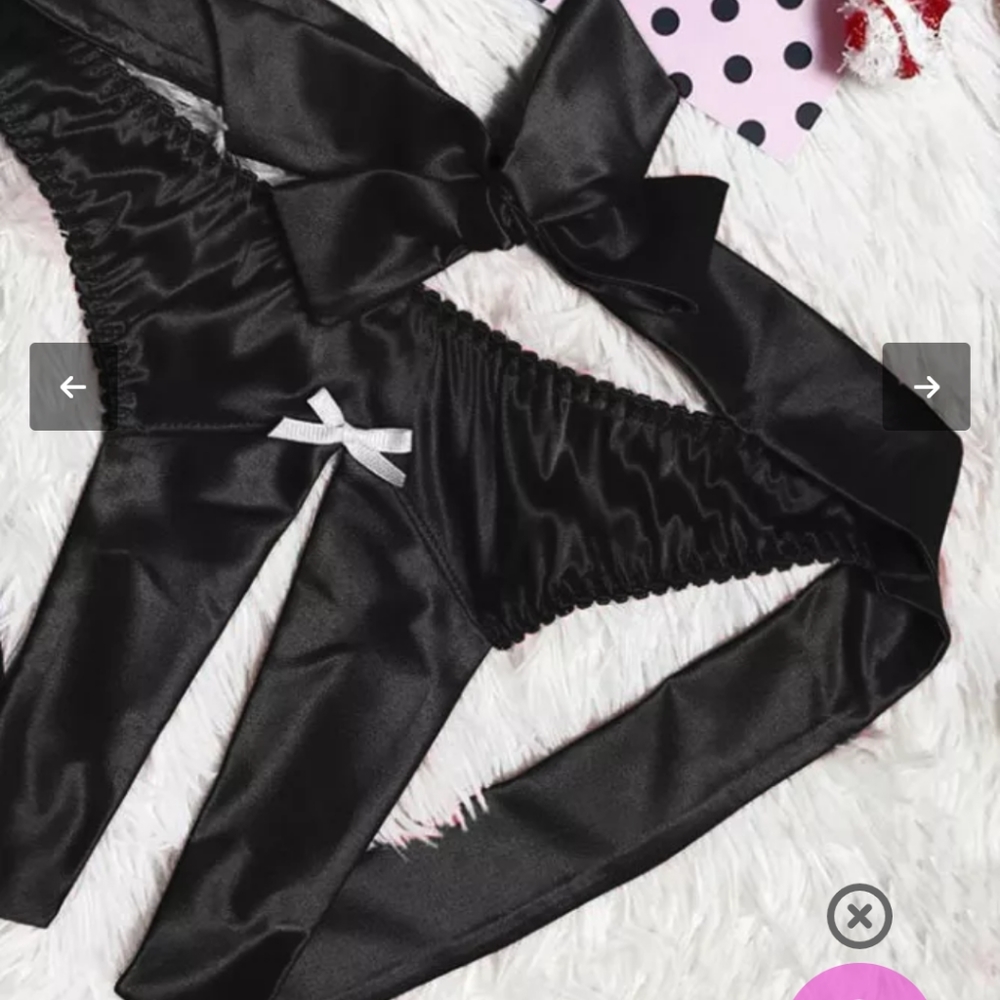 Black Satin Silk Bowknot Crotchless Thong
